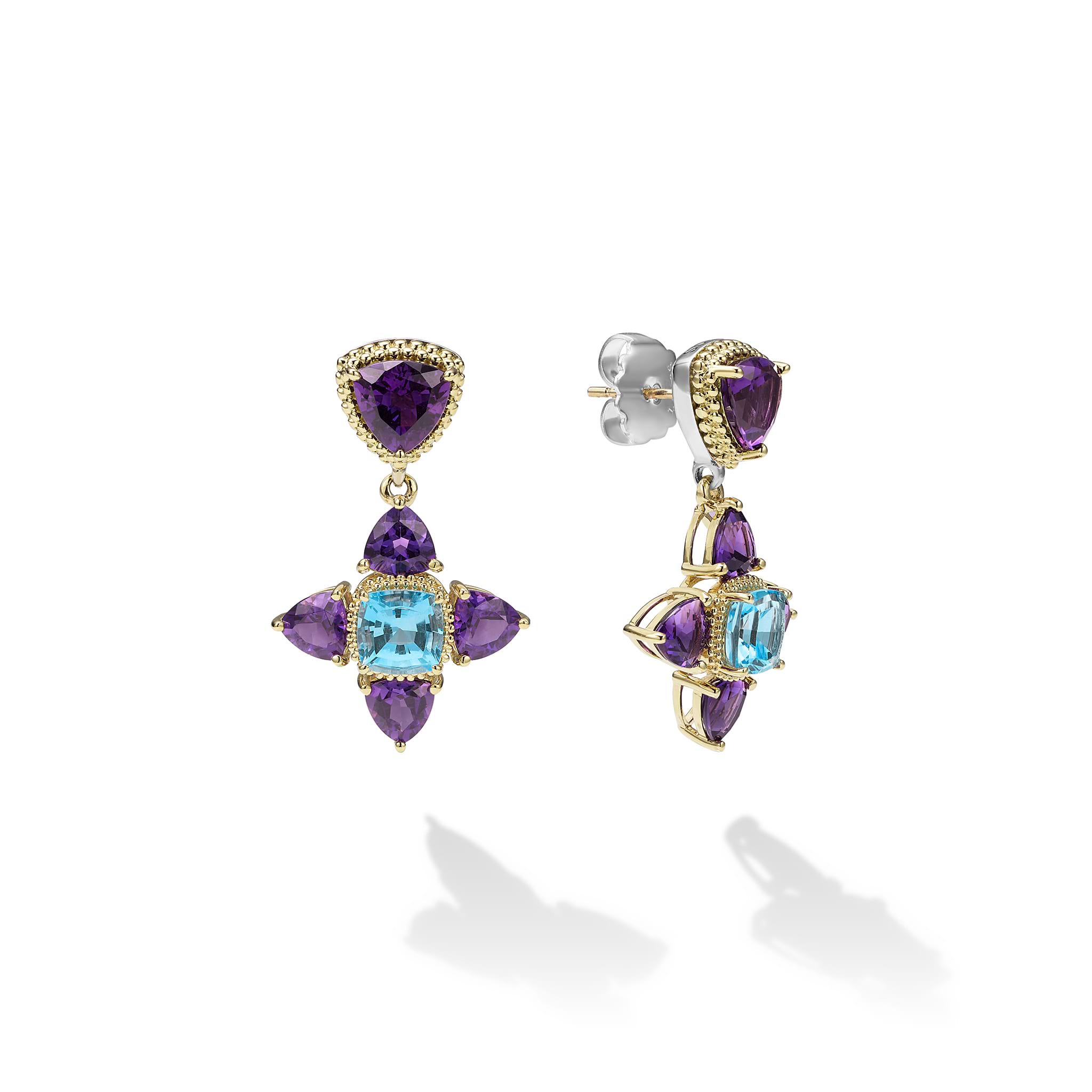 18k gold Caviar beading and smooth sterling silver are complimented with a pop of color from amethyst and swiss blue topaz gemstones to form these floral motif drop earrings.
