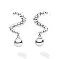 Front of silver beaded statement drop earrings with large hanging bead