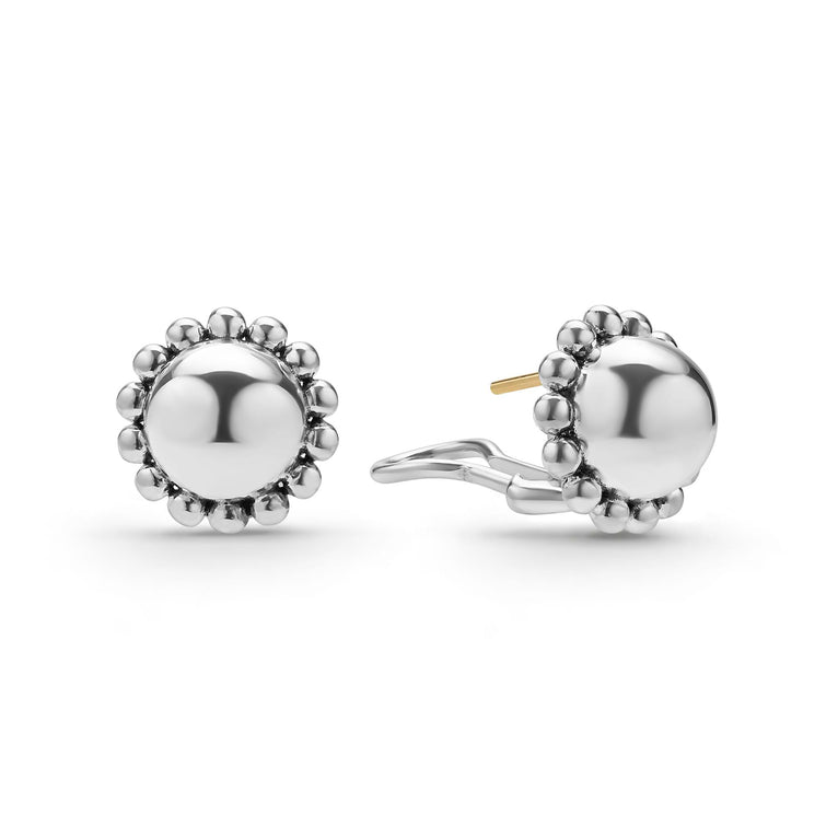 opened round sterling silver stud earrings with beading perimeter
