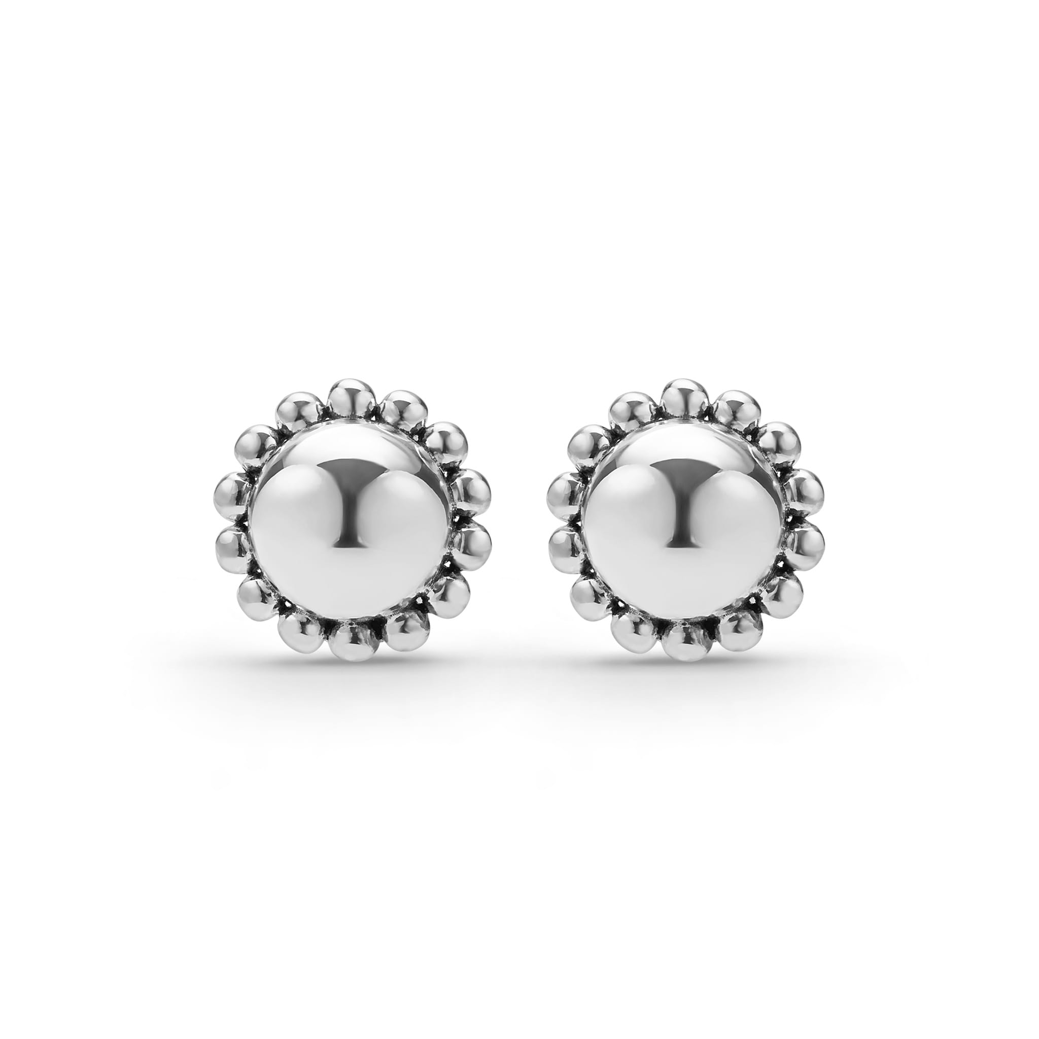 Front of round sterling silver stud earrings with beading perimeter
