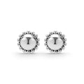 Front of round sterling silver stud earrings with beading perimeter