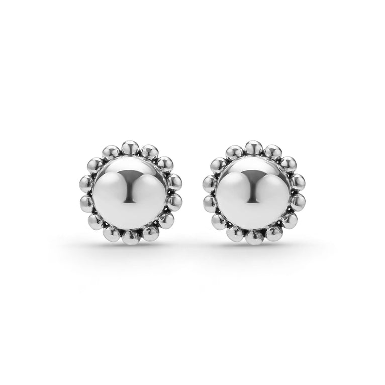 Front of round sterling silver stud earrings with beading perimeter