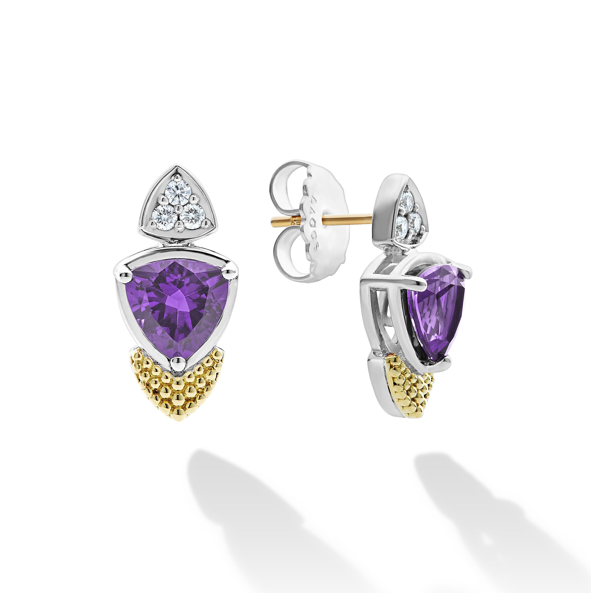 Caviar Color 18K Gold Diamond and Amethyst Trillion Drop Earrings