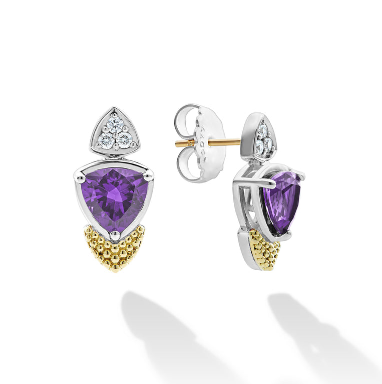 Caviar Color 18K Gold Diamond and Amethyst Trillion Drop Earrings