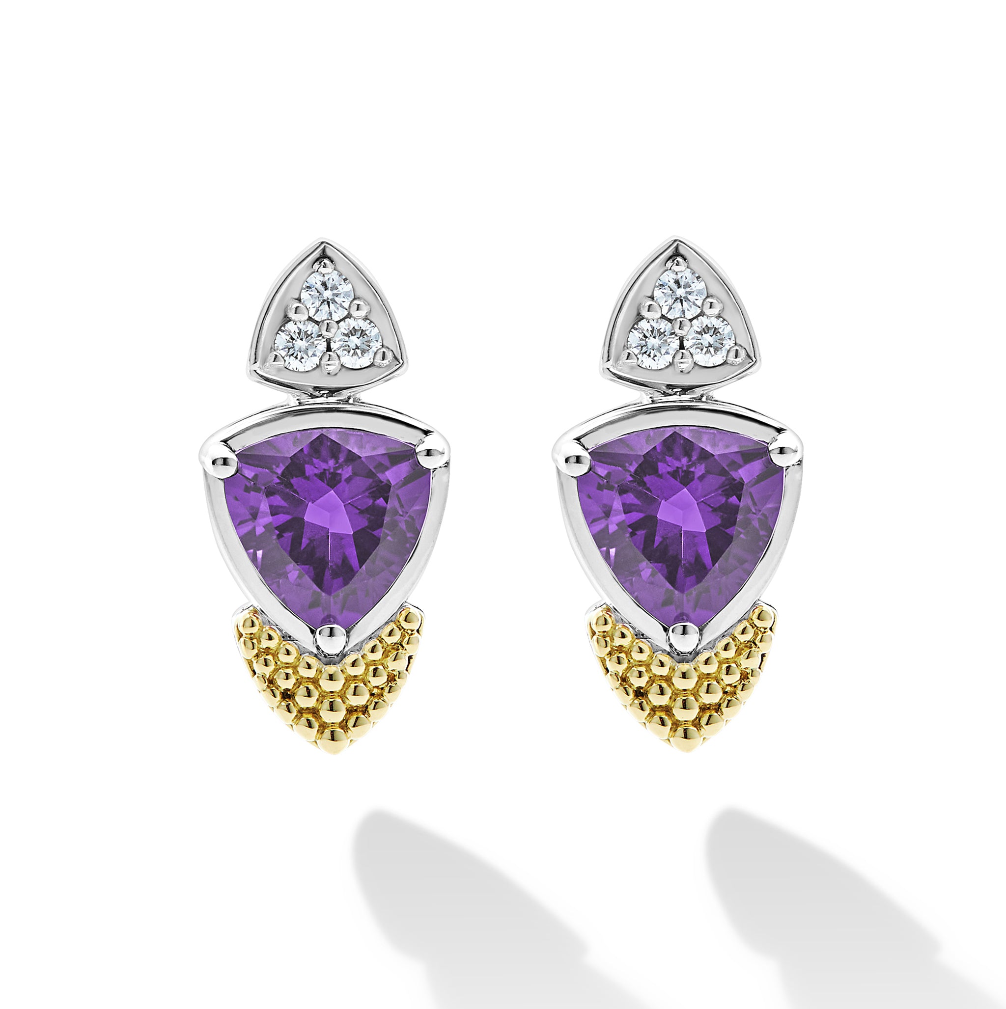Caviar Color 18K Gold Diamond and Amethyst Trillion Drop Earrings