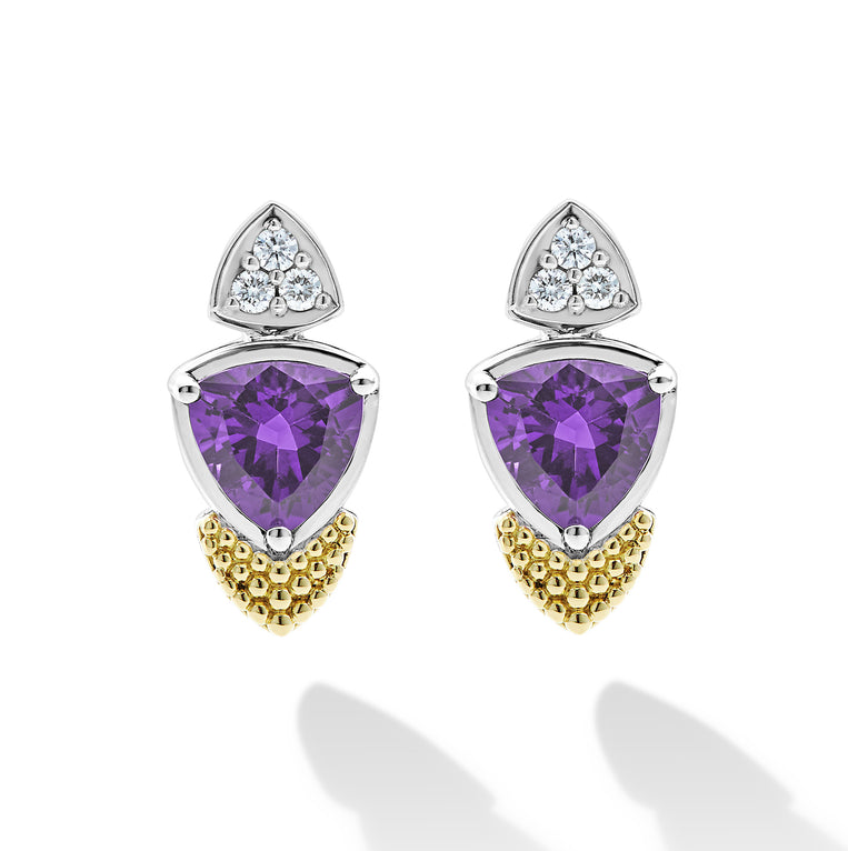Caviar Color 18K Gold Diamond and Amethyst Trillion Drop Earrings