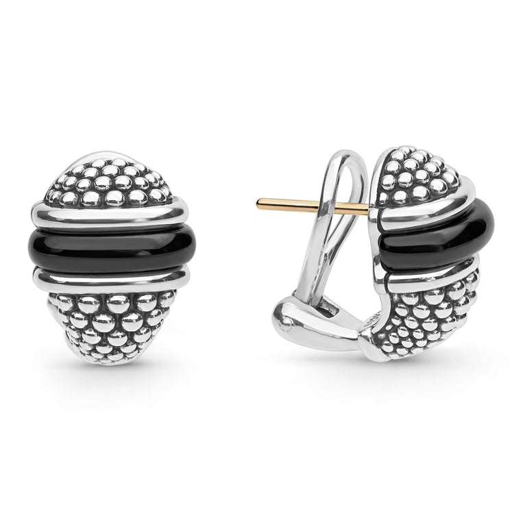 Black Ceramic Caviar Omega Clip Earrings with polished silver loops, black ceramic bands, and beaded detailing, offering modern sophistication and secure omega clip fit.