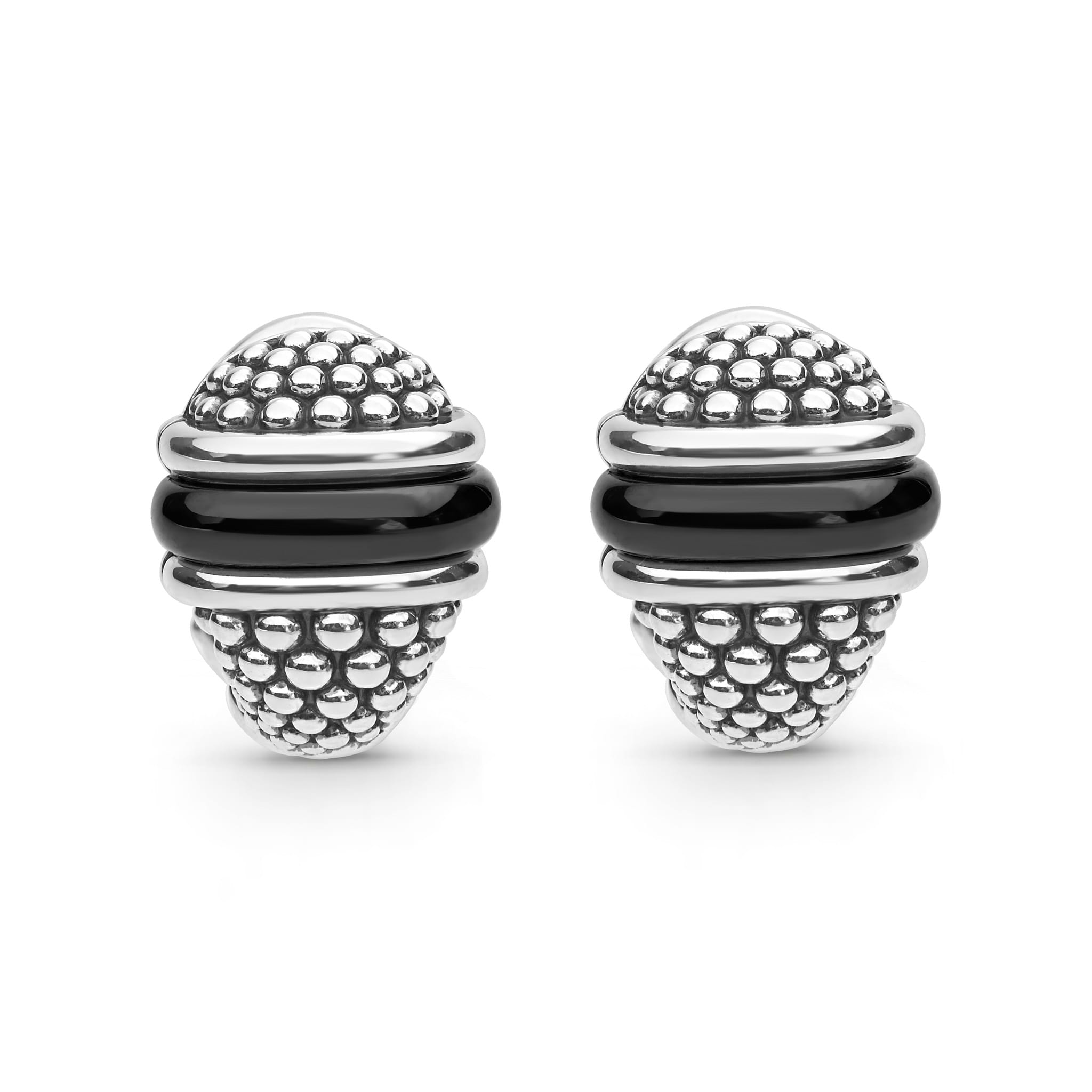 Black Caviar Black Ceramic Caviar Omega Clip Earrings with sterling silver beaded domes and smooth black ceramic inlay, showcasing LAGOS signature elegance and modern design.