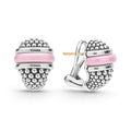 A pink ceramic station and sterling silver Caviar beading form these omega clip earrings.