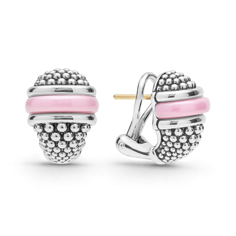 A pink ceramic station and sterling silver Caviar beading form these omega clip earrings.