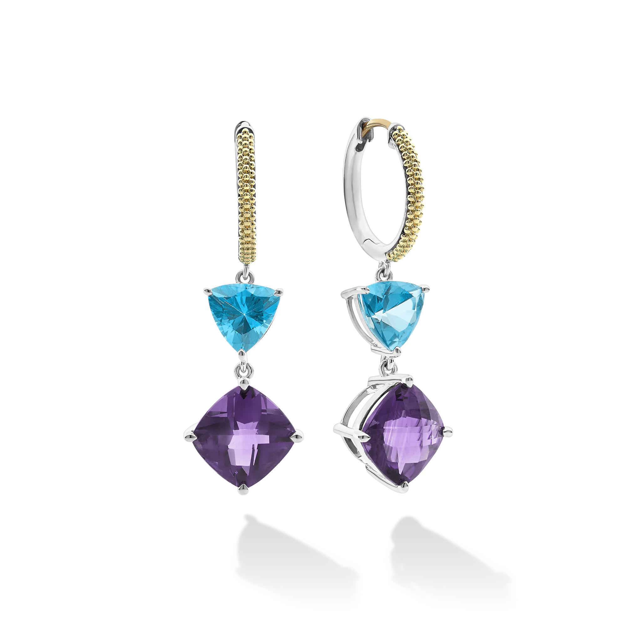 Rich purple amethyst paired with evergreen topaz make up these stunning hoop earrings. Featuring silver settings and 18k gold Caviar beading for a chic two-tone effect.