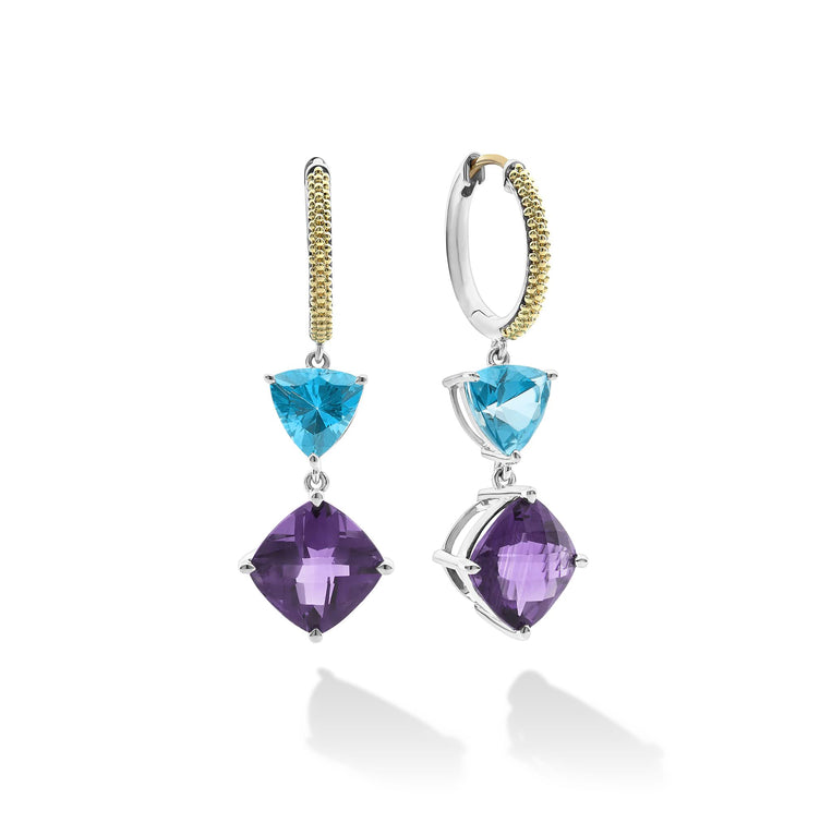 Rich purple amethyst paired with evergreen topaz make up these stunning hoop earrings. Featuring silver settings and 18k gold Caviar beading for a chic two-tone effect.