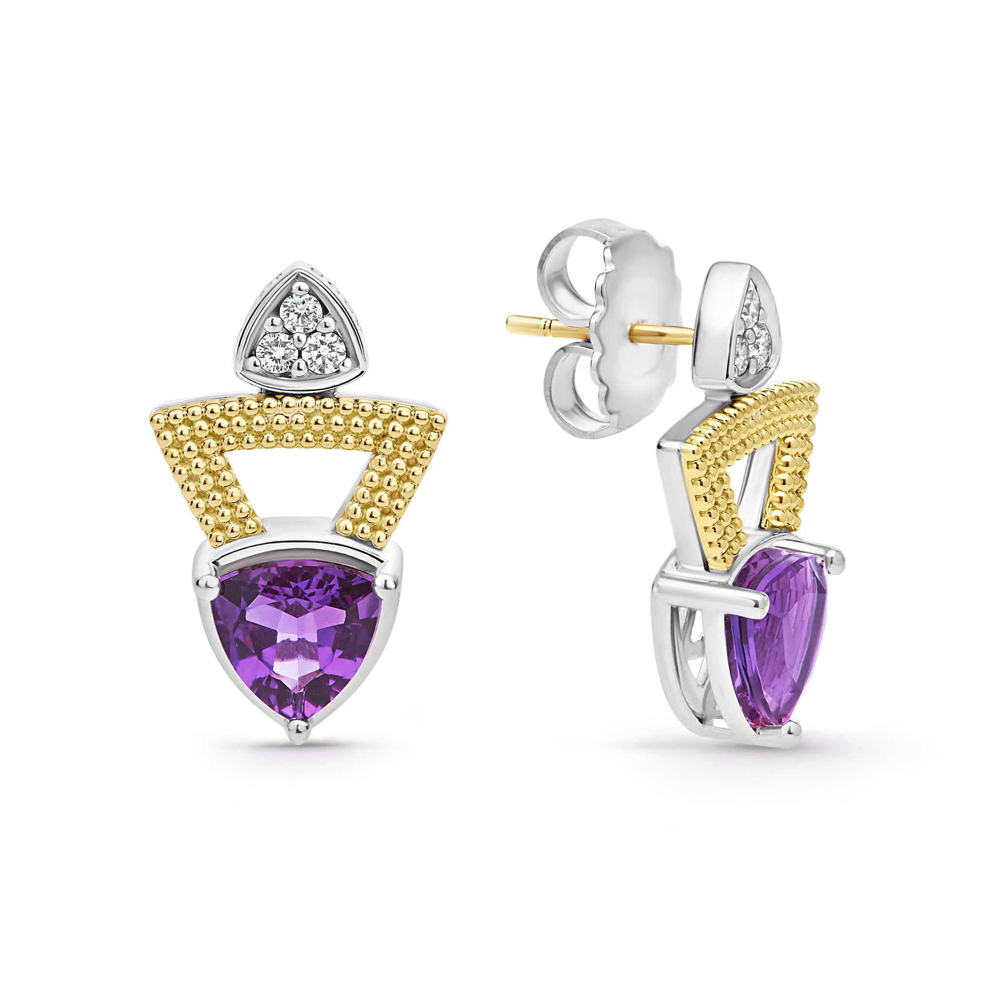 Caviar Color Two-Tone Diamond Triangle Amethyst Earrings