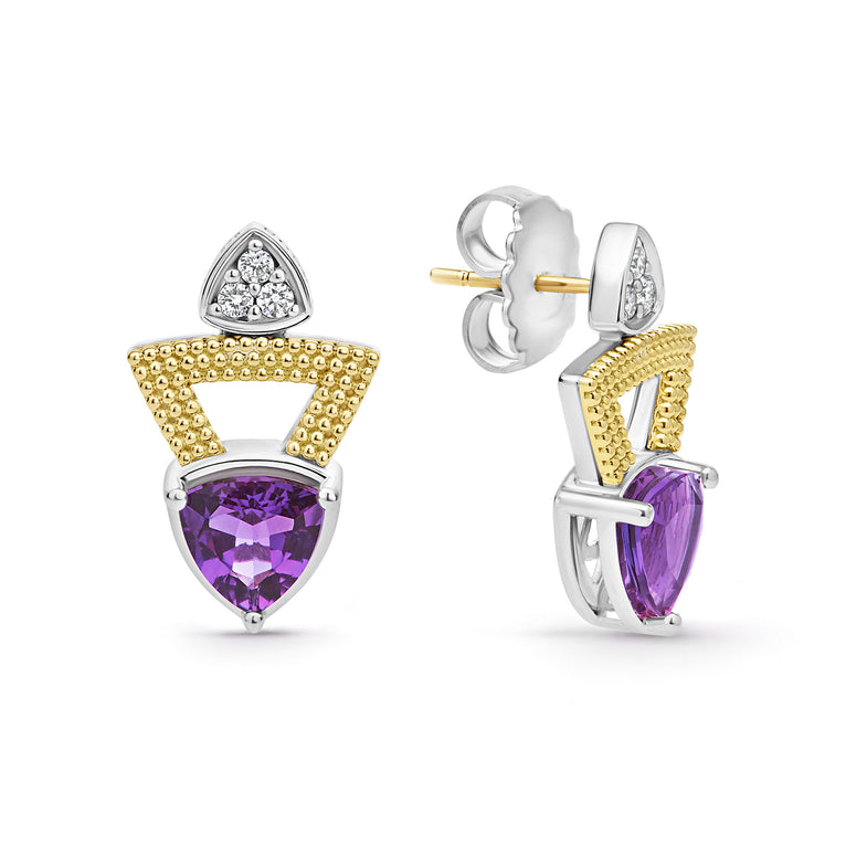 Caviar Color Two-Tone Diamond Triangle Amethyst Earrings