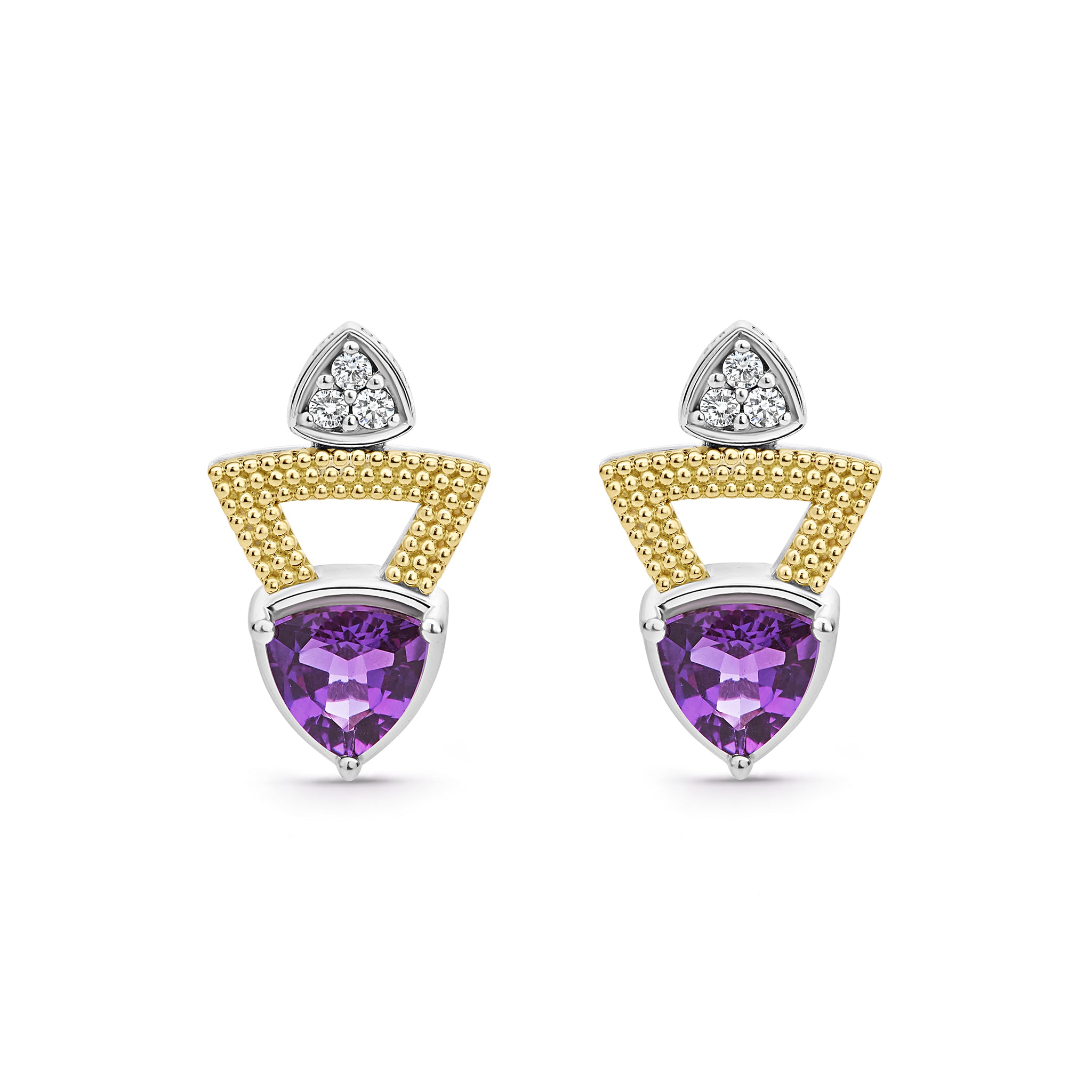 Caviar Color Two-Tone Diamond Triangle Amethyst Earrings