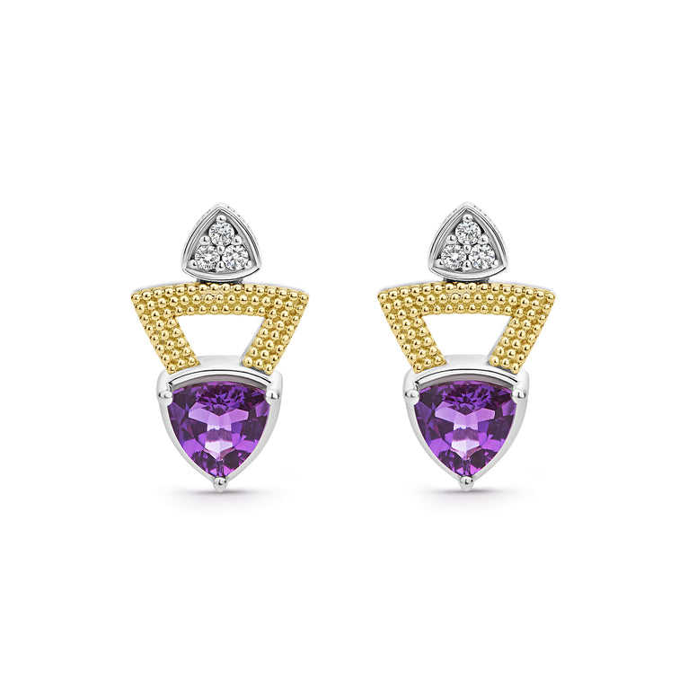 Caviar Color Two-Tone Diamond Triangle Amethyst Earrings