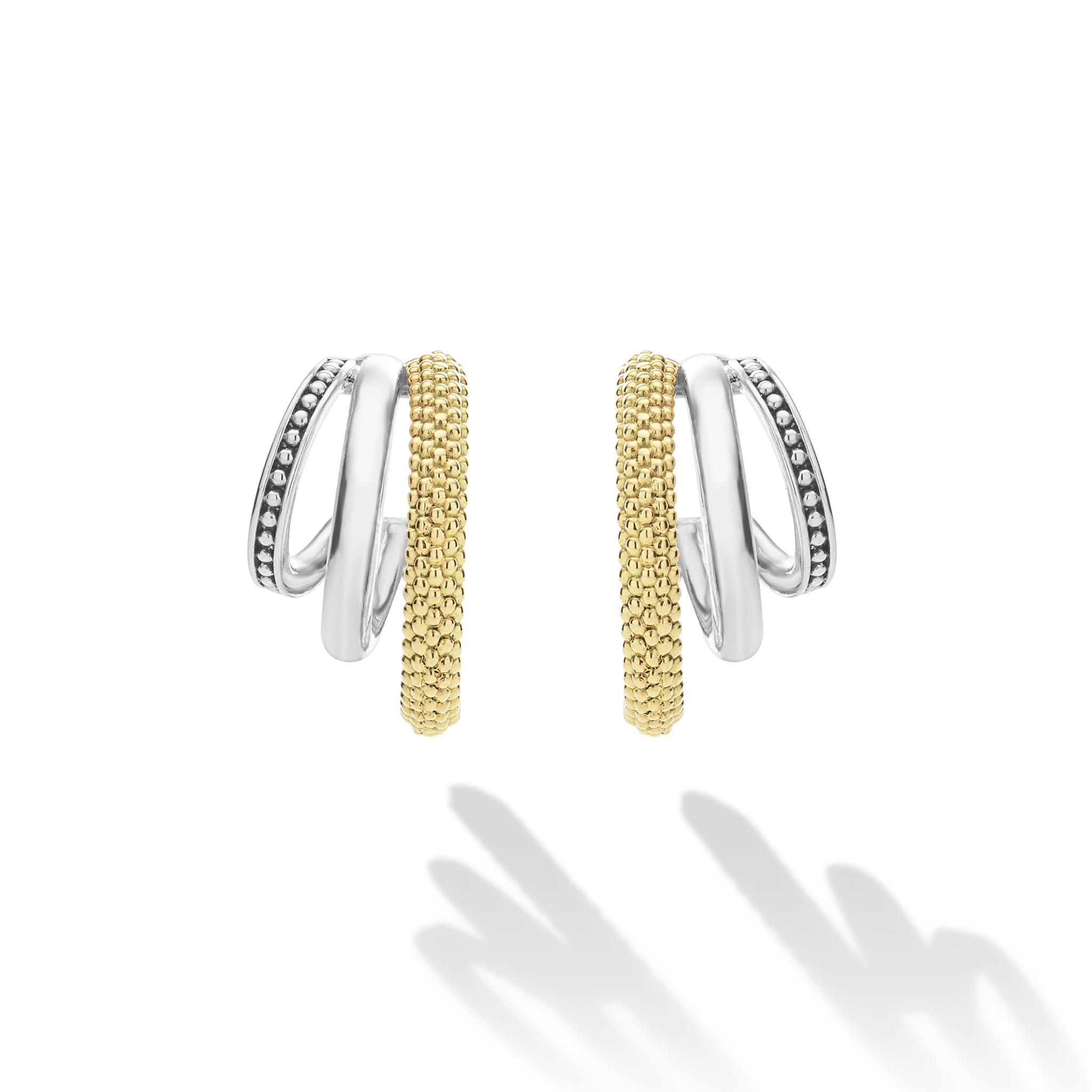 Caviar Lux Two-Tone Three Ring Hoop Earrings
