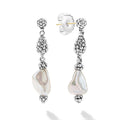 Keshi pearl drop earring with sterling silver Caviar beaded spheres.