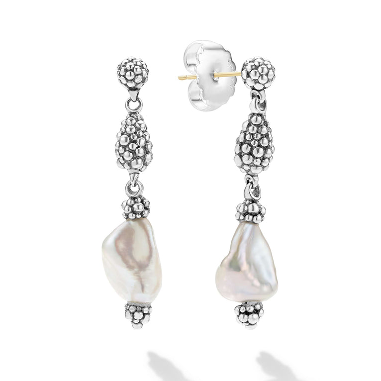 Keshi pearl drop earring with sterling silver Caviar beaded spheres.