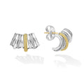 Front of sterling silver huggie earrings with gold details and diamonds