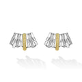 Front of sterling silver huggie earrings with gold details and diamonds