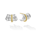 side of sterling silver huggie earrings with gold details and diamonds