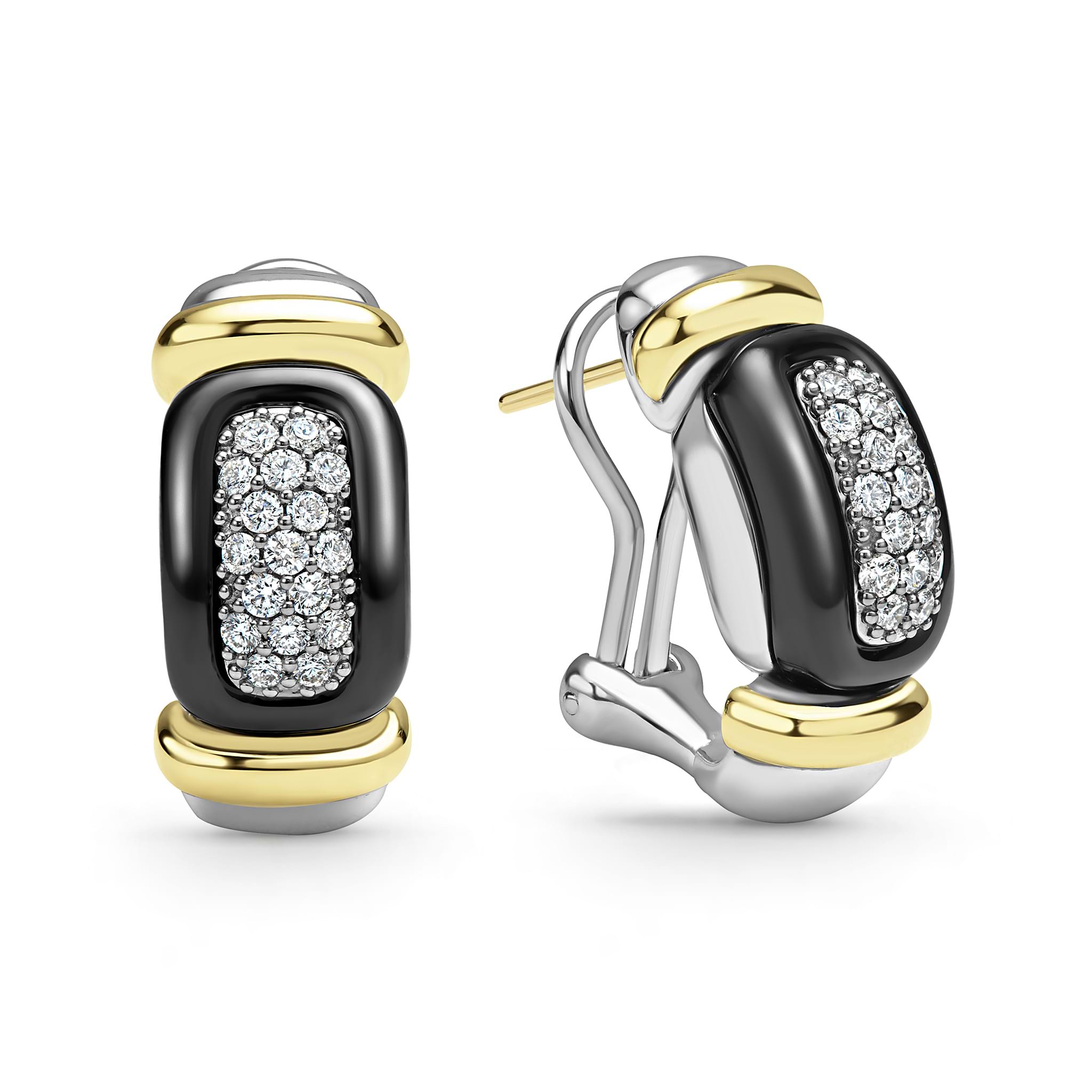 side of sterling silver and black ceramic earrings with diamond details and omega clip closure