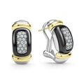 side of sterling silver and black ceramic earrings with diamond details and omega clip closure
