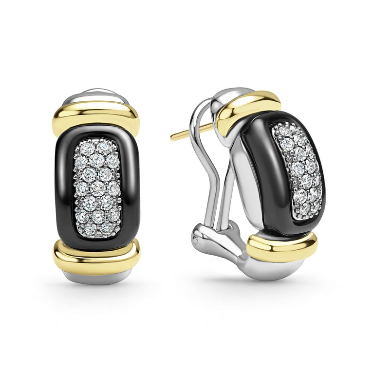 side of sterling silver and black ceramic earrings with diamond details and omega clip closure