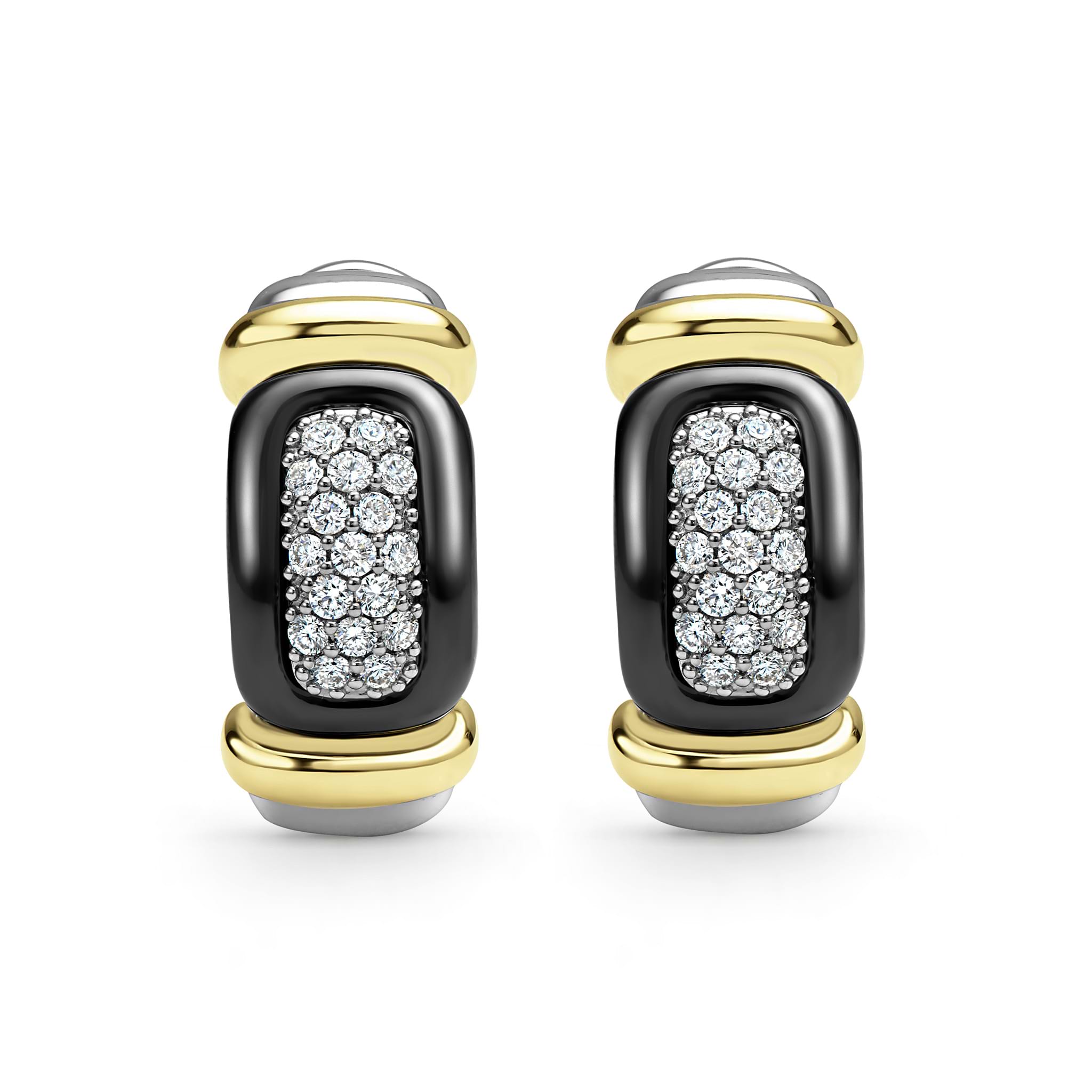 front of sterling silver and black ceramic earrings with diamond details