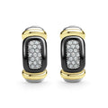 front of sterling silver and black ceramic earrings with diamond details