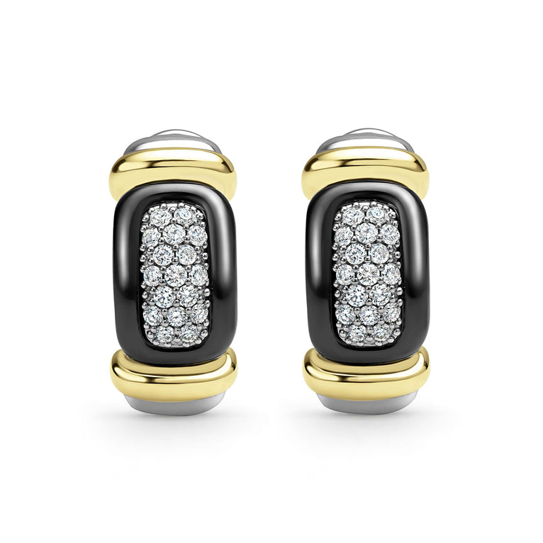 front of sterling silver and black ceramic earrings with diamond details
