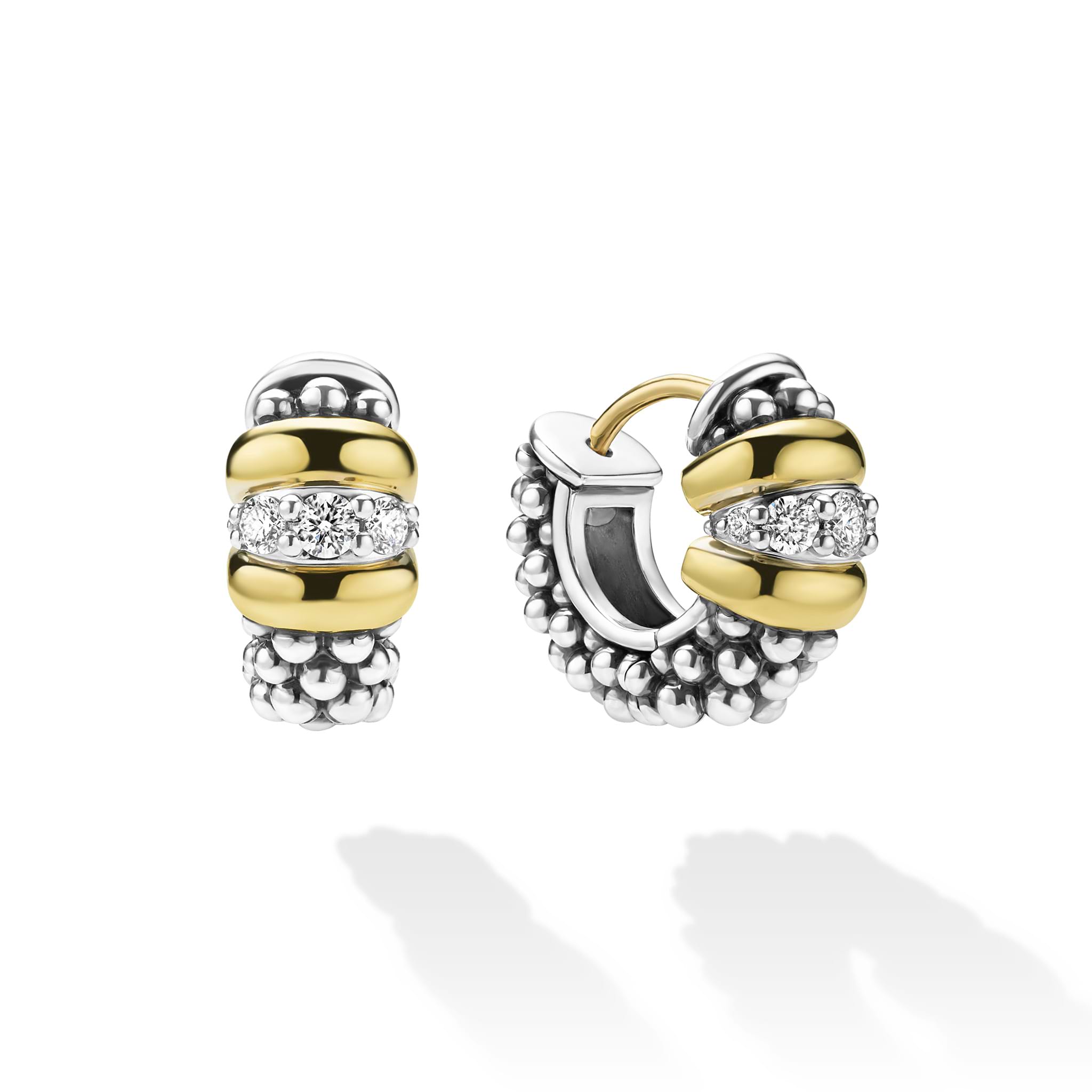 front of sterling silver beaded earrings with gold and diamond details 