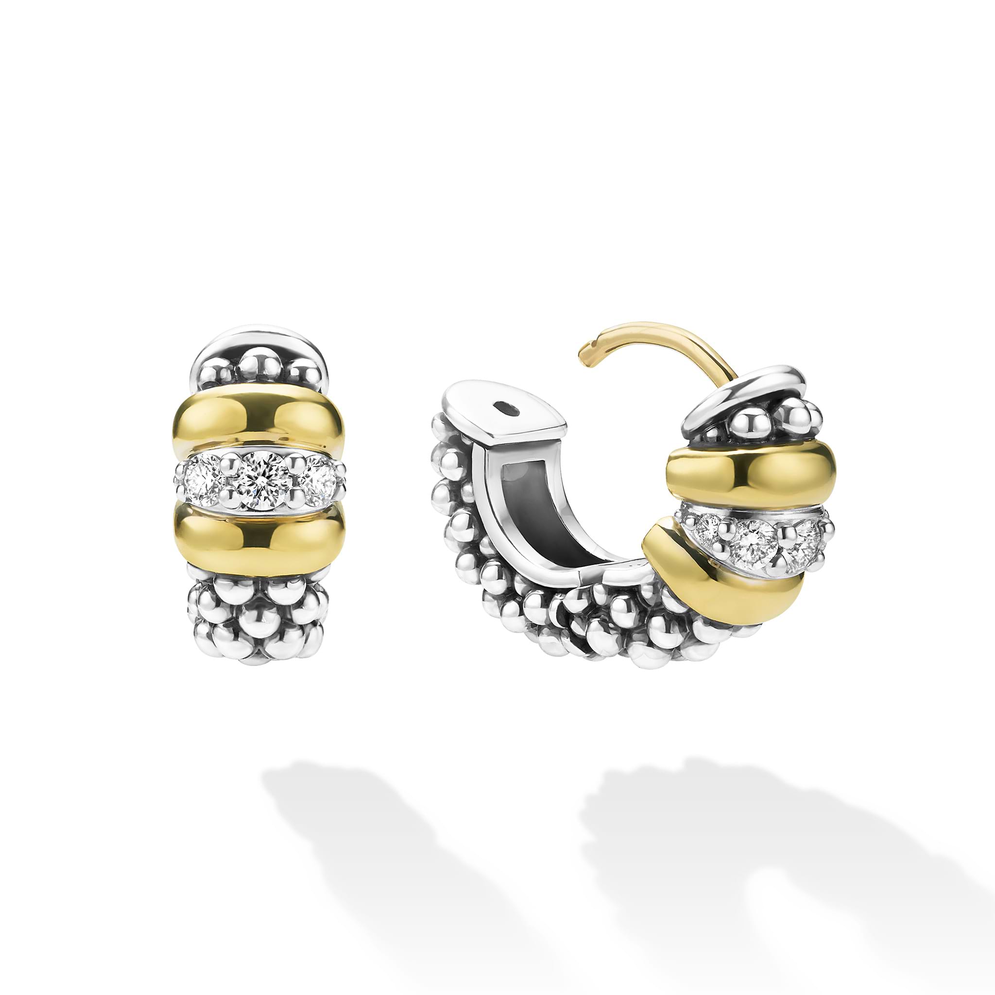 opened sterling silver beaded earrings with gold and diamond details 