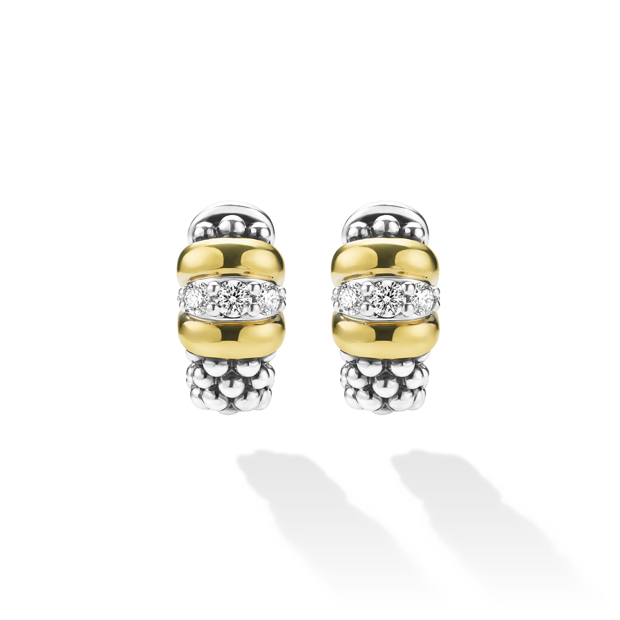 front of sterling silver beaded earrings with gold and diamond details 