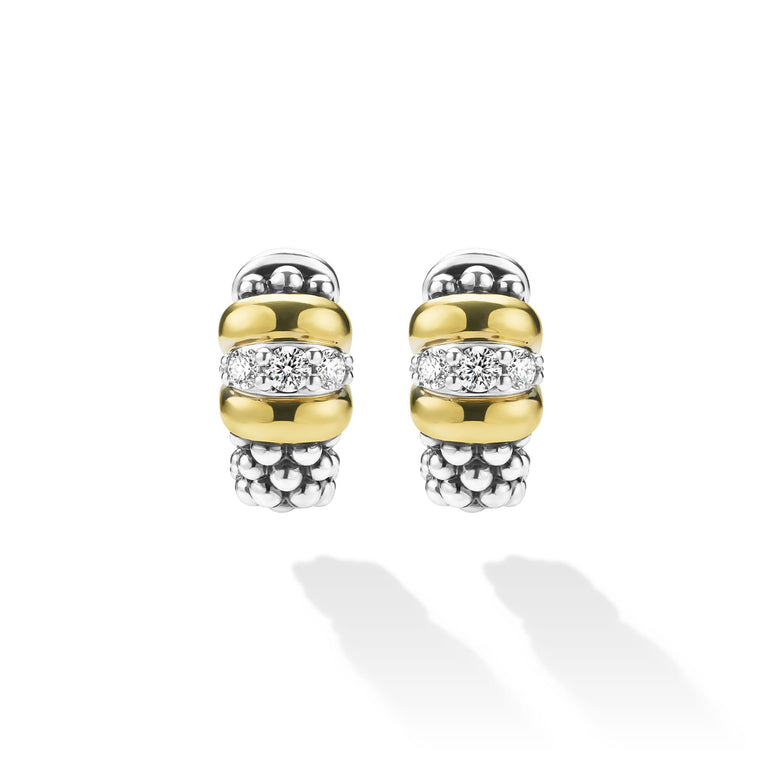 front of sterling silver beaded earrings with gold and diamond details 
