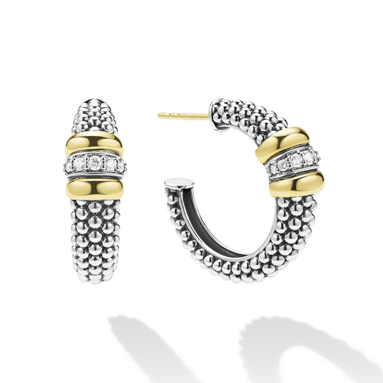 side of medium sterling silver beaded hoop earrings with gold and diamond accents