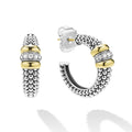 side of medium sterling silver beaded hoop earrings with gold and diamond accents backing