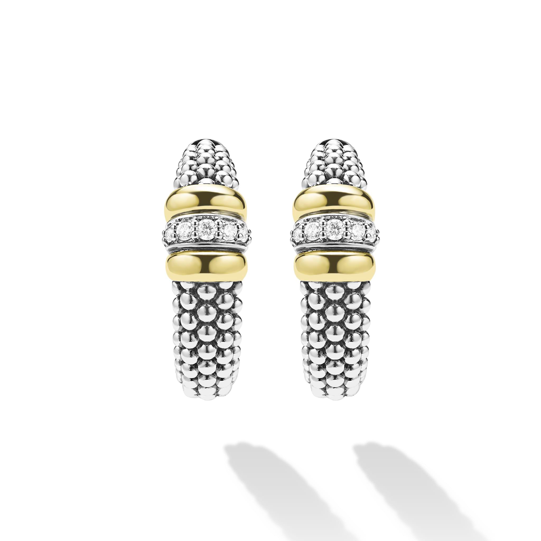 front of medium sterling silver beaded hoop earrings with gold and diamond accents
