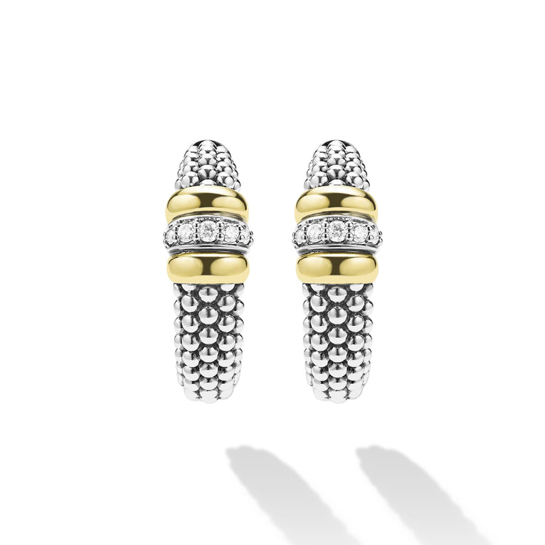 front of medium sterling silver beaded hoop earrings with gold and diamond accents