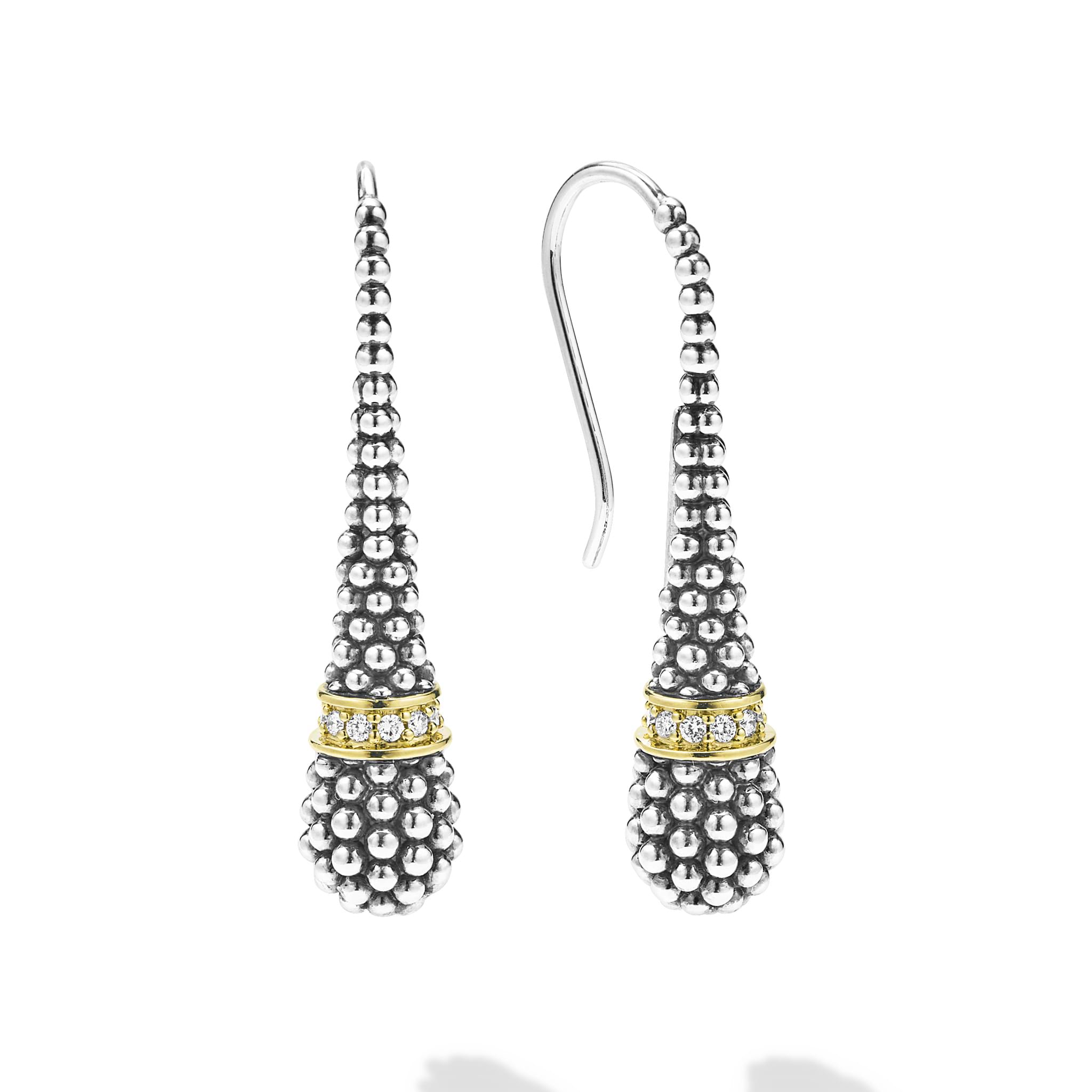 sterling silver and gold beaded teardrop earrings with french wire and diamond details