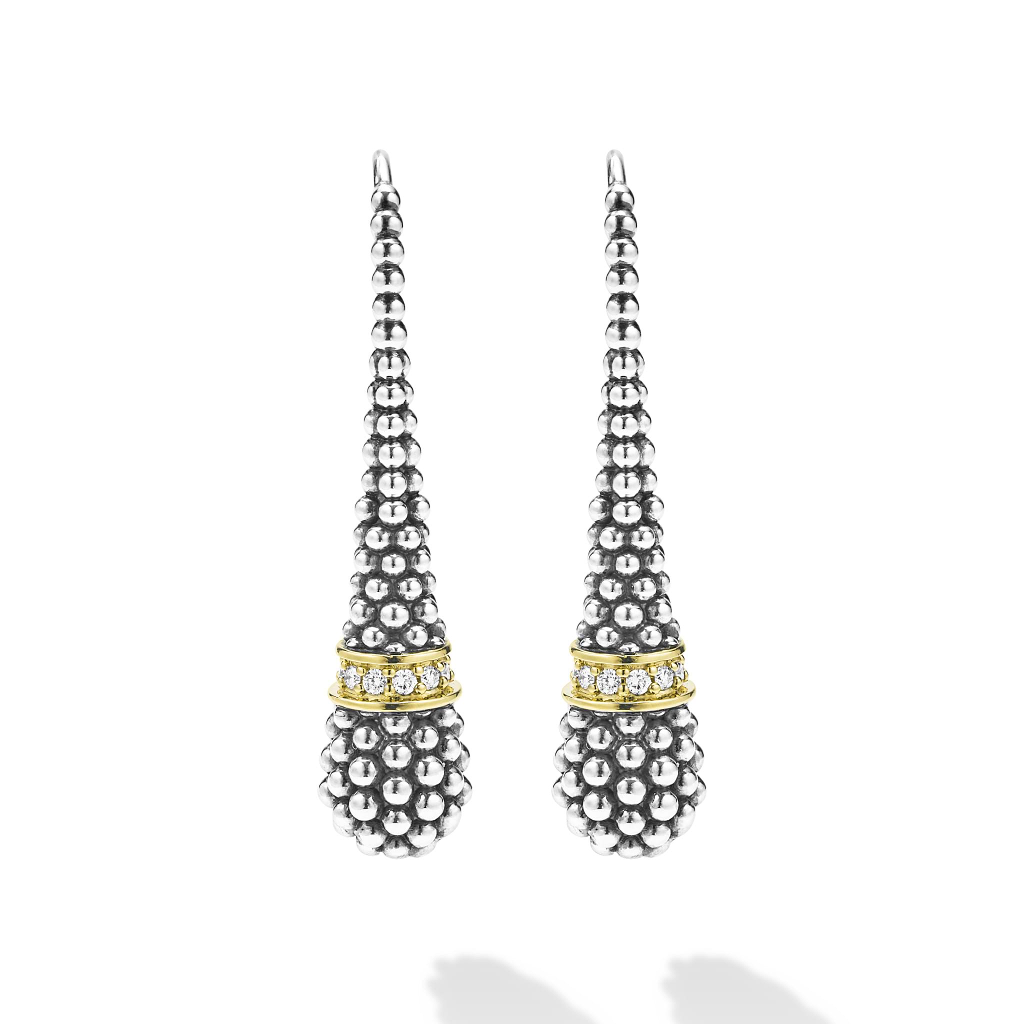 sterling silver and gold beaded teardrop earrings with french wire and diamond details