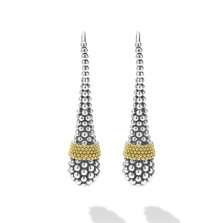 front of sterling silver and gold beaded teardrop earrings with french wire