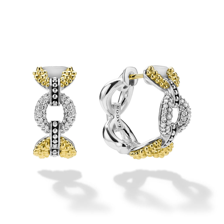 front of tiny beaded sterling silver and gold link hoop earrings with diamonds with LAGOS engraving 