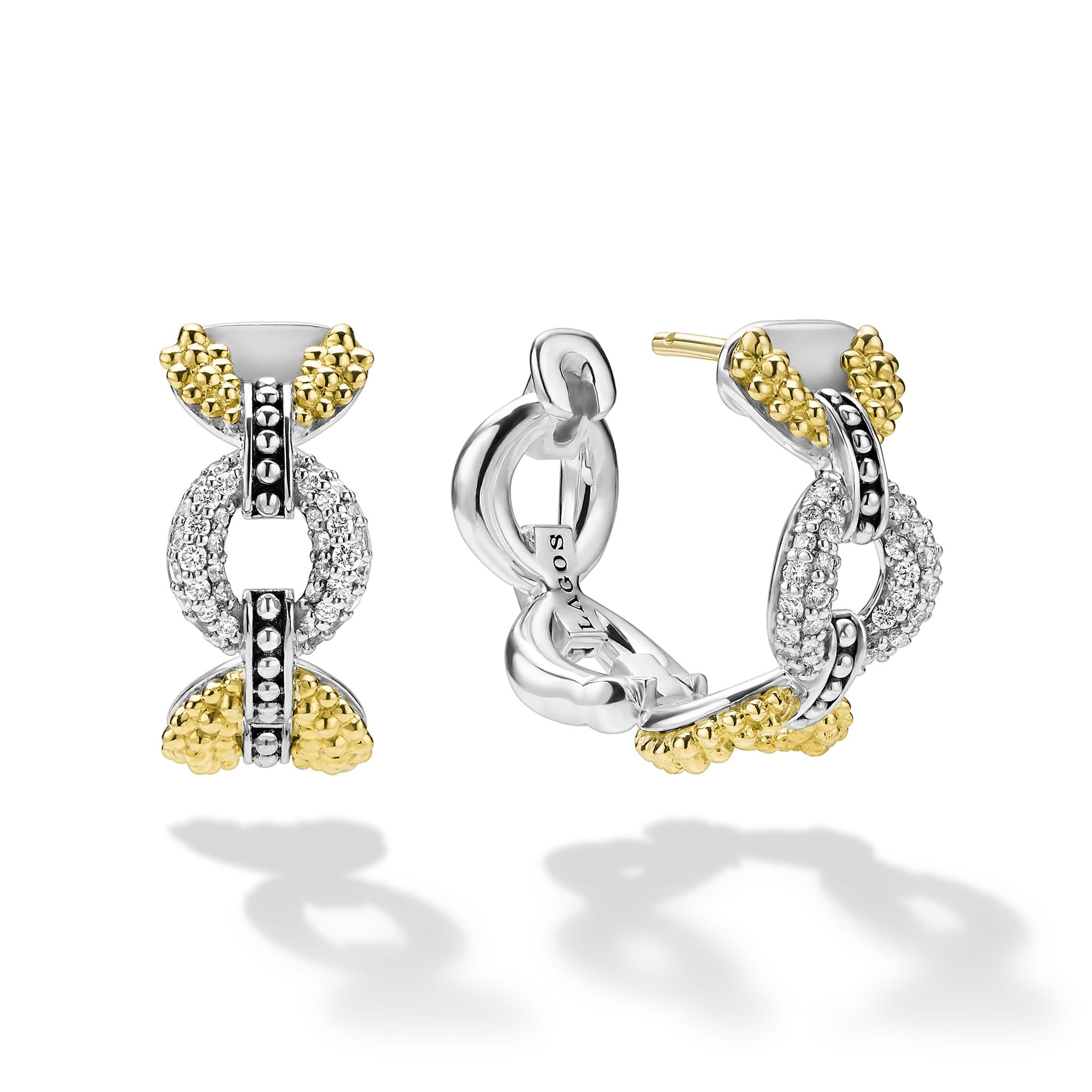 opened tiny beaded sterling silver and gold link hoop earrings with diamonds with LAGOS engraving 