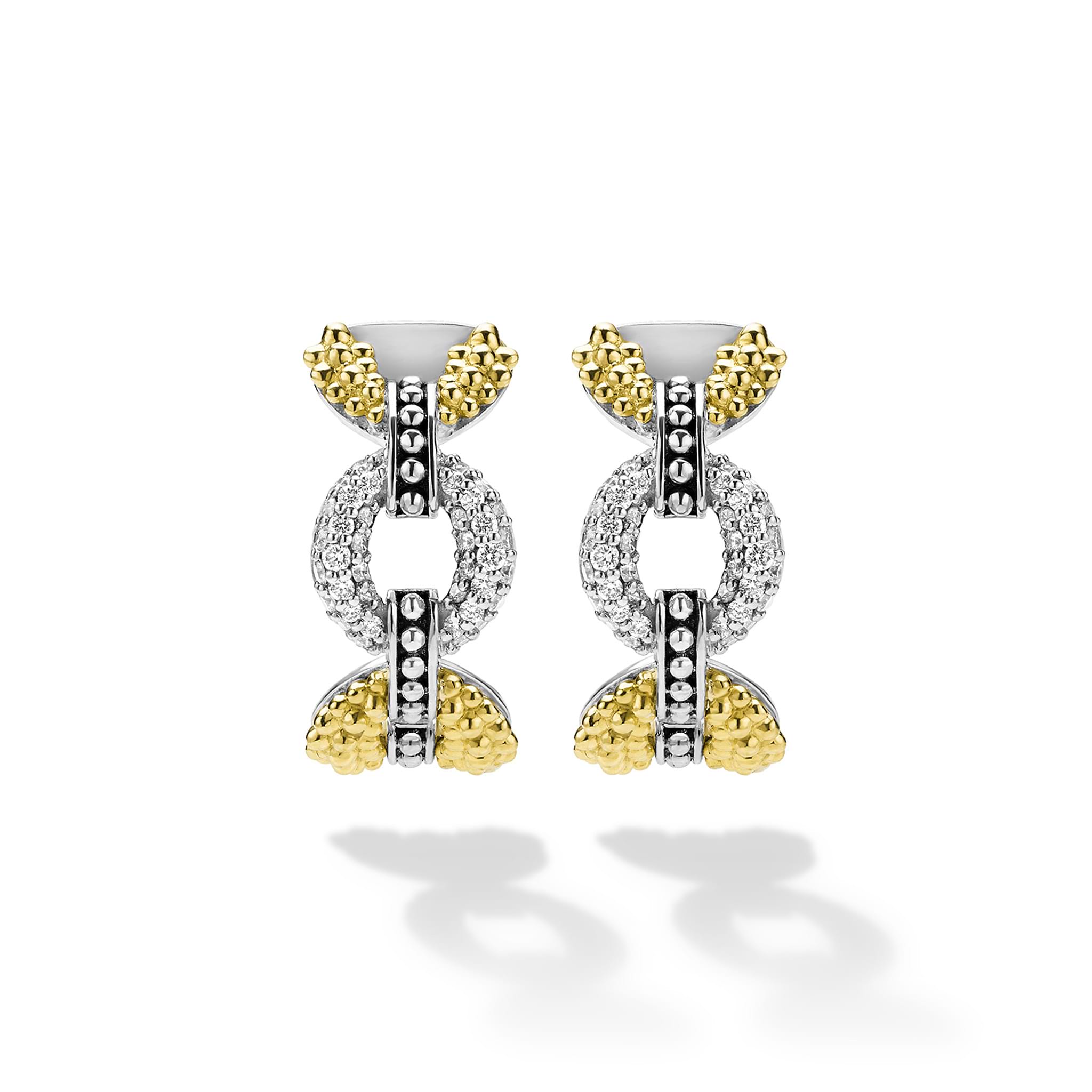 front of tiny beaded sterling silver and gold link hoop earrings with diamonds 