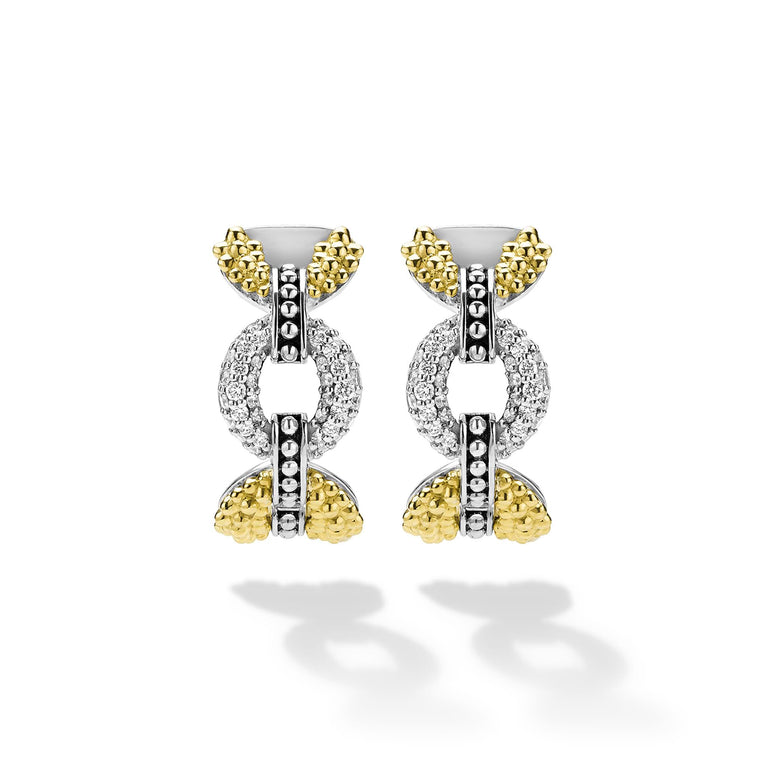 front of tiny beaded sterling silver and gold link hoop earrings with diamonds 