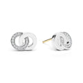 Signature Caviar Silver Interlocking Diamond Stud Earrings feature white metal loops with pavé diamonds and 14K gold posts, showcasing elegant craftsmanship and timeless design.
