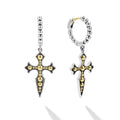 two-tone beaded drop hoop earrings with gold and silver cross dangle