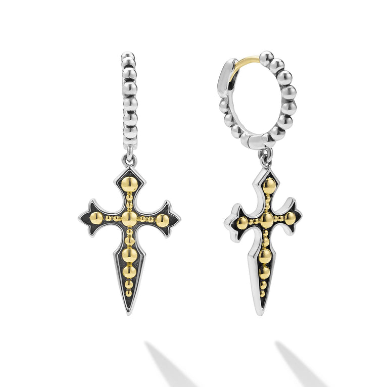 two-tone beaded drop hoop earrings with gold and silver cross dangle